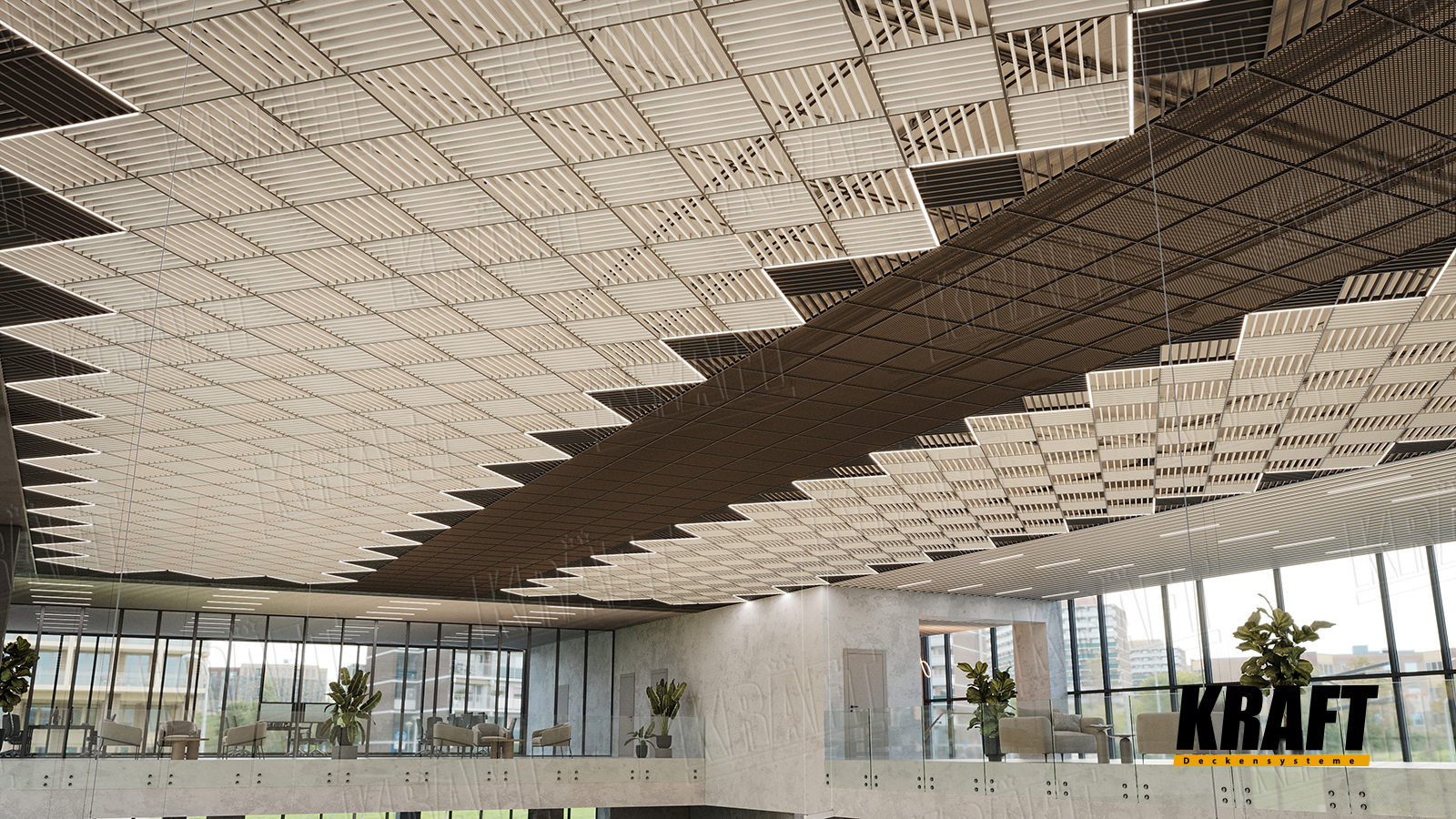 Designerskie sufity podwieszane KRAFT w salonie samochodowym: sufity listwowe, sufity rastrowe, panele siatkowe