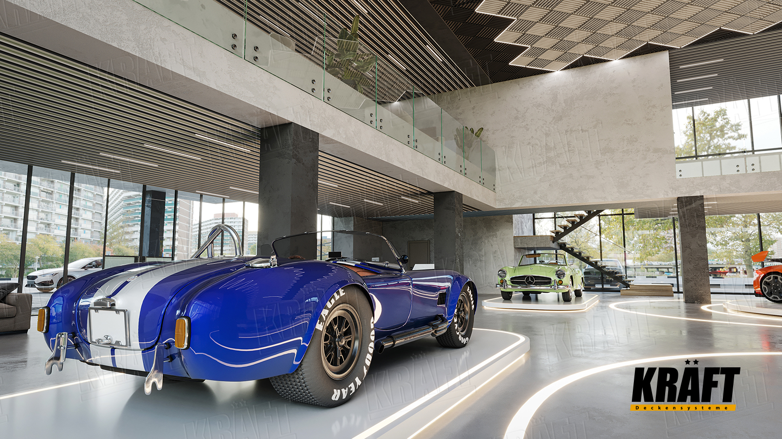 Designer suspended ceilings KRAFT in a car showroom: cube-shaped rail, plate-shaped rail, open cell ceilings, mesh panels