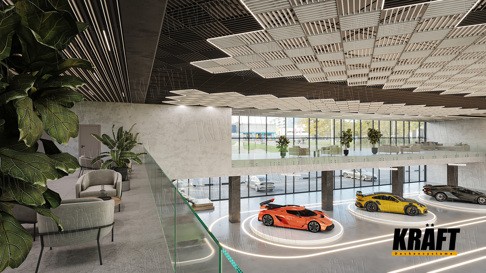 Designerskie sufity podwieszane KRAFT w salonie samochodowym: sufity listwowe, sufity rastrowe, panele siatkowe