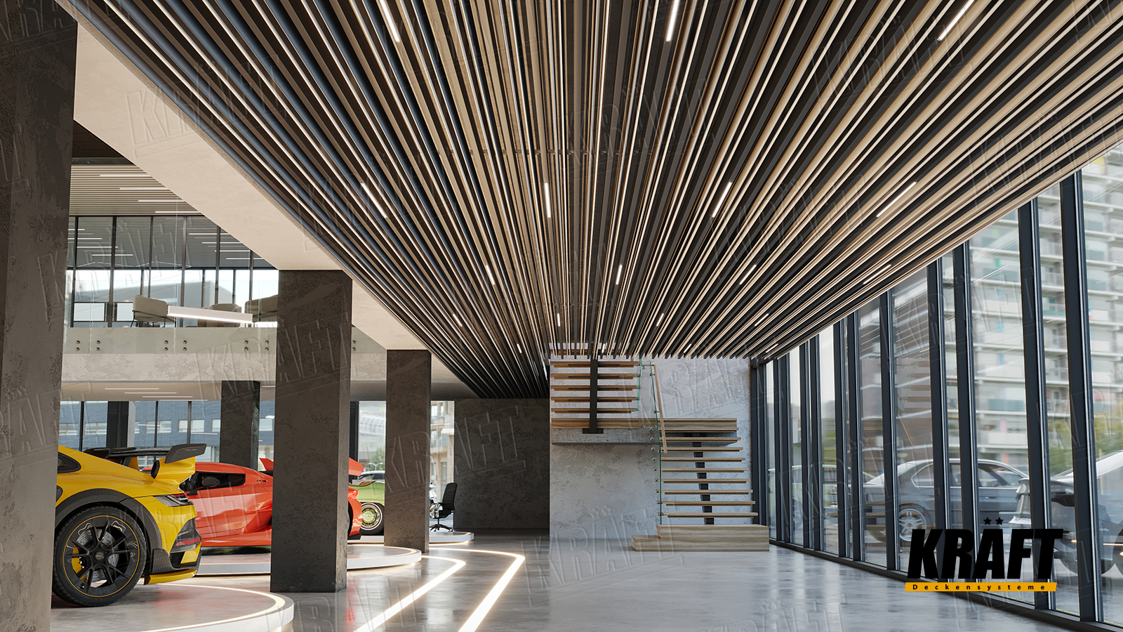 Designerskie sufity podwieszane KRAFT w salonie samochodowym: sufity listwowe, sufity rastrowe, panele siatkowe