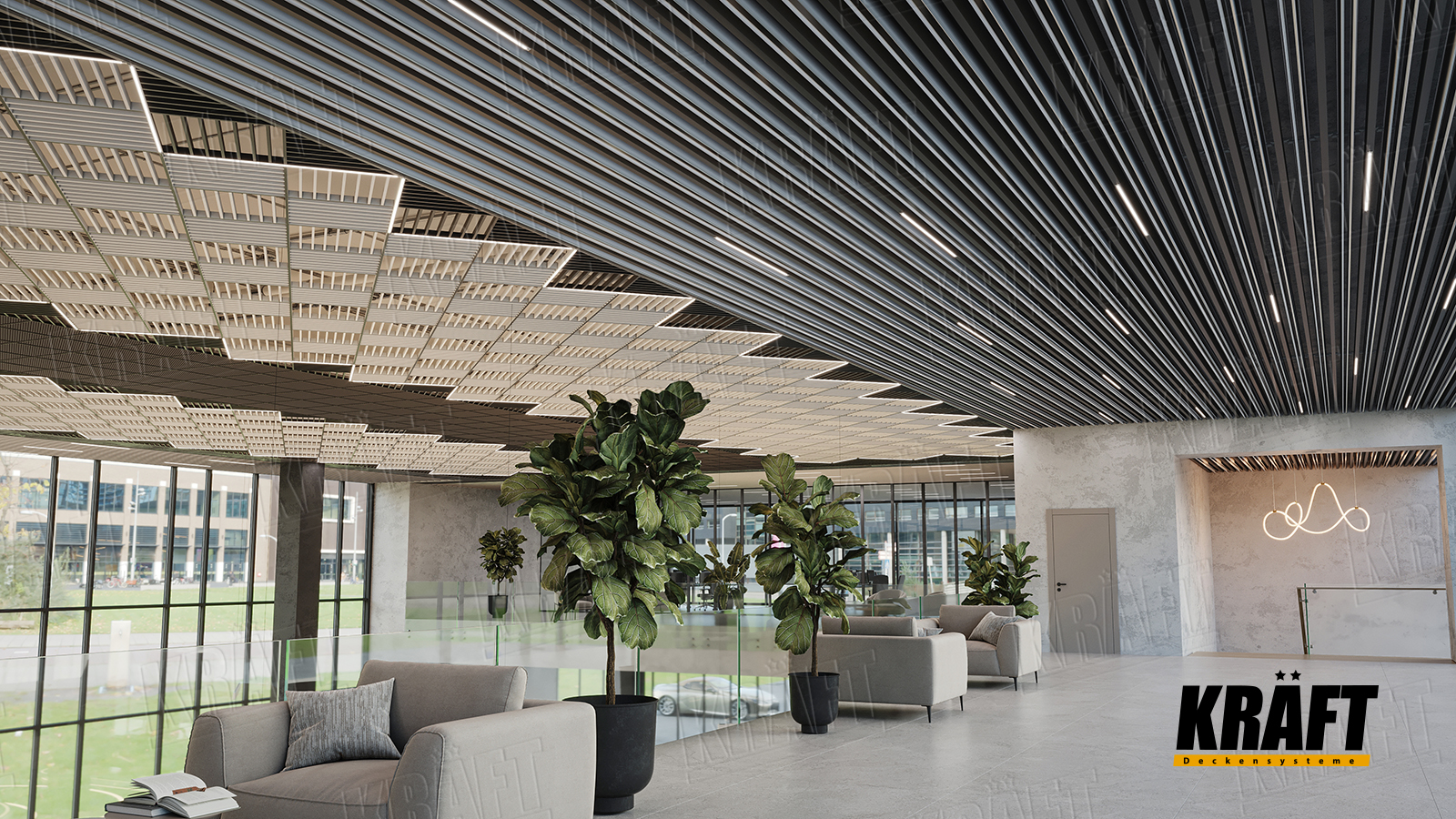 Designerskie sufity podwieszane KRAFT w salonie samochodowym: sufity listwowe, sufity rastrowe, panele siatkowe