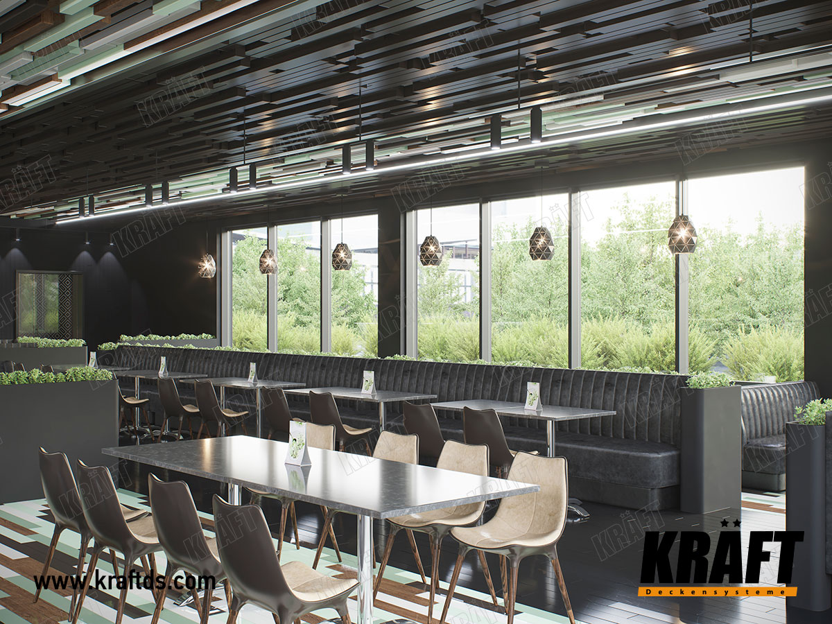 Rozwiązanie projektowe kawiarni z listwą kubiczną KRAFT zamocowaną na różnych poziomach