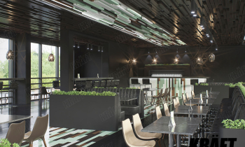 Rozwiązanie projektowe kawiarni z listwami zamocowanymi na różnych poziomach (+5 zdjęć)