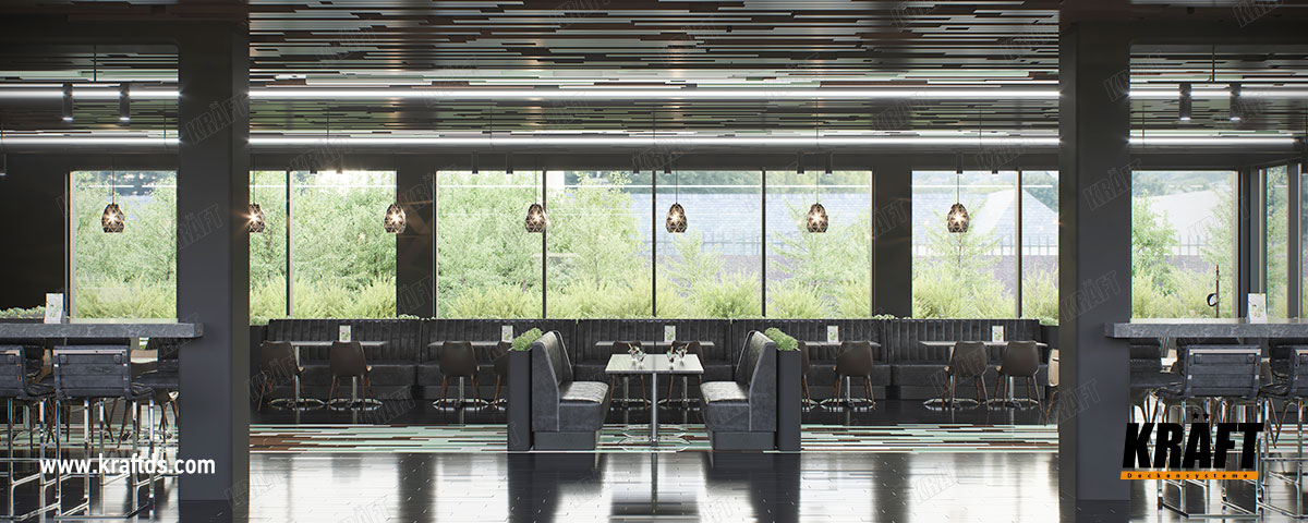 Rozwiązanie projektowe kawiarni z listwą kubiczną KRAFT zamocowaną na różnych poziomach