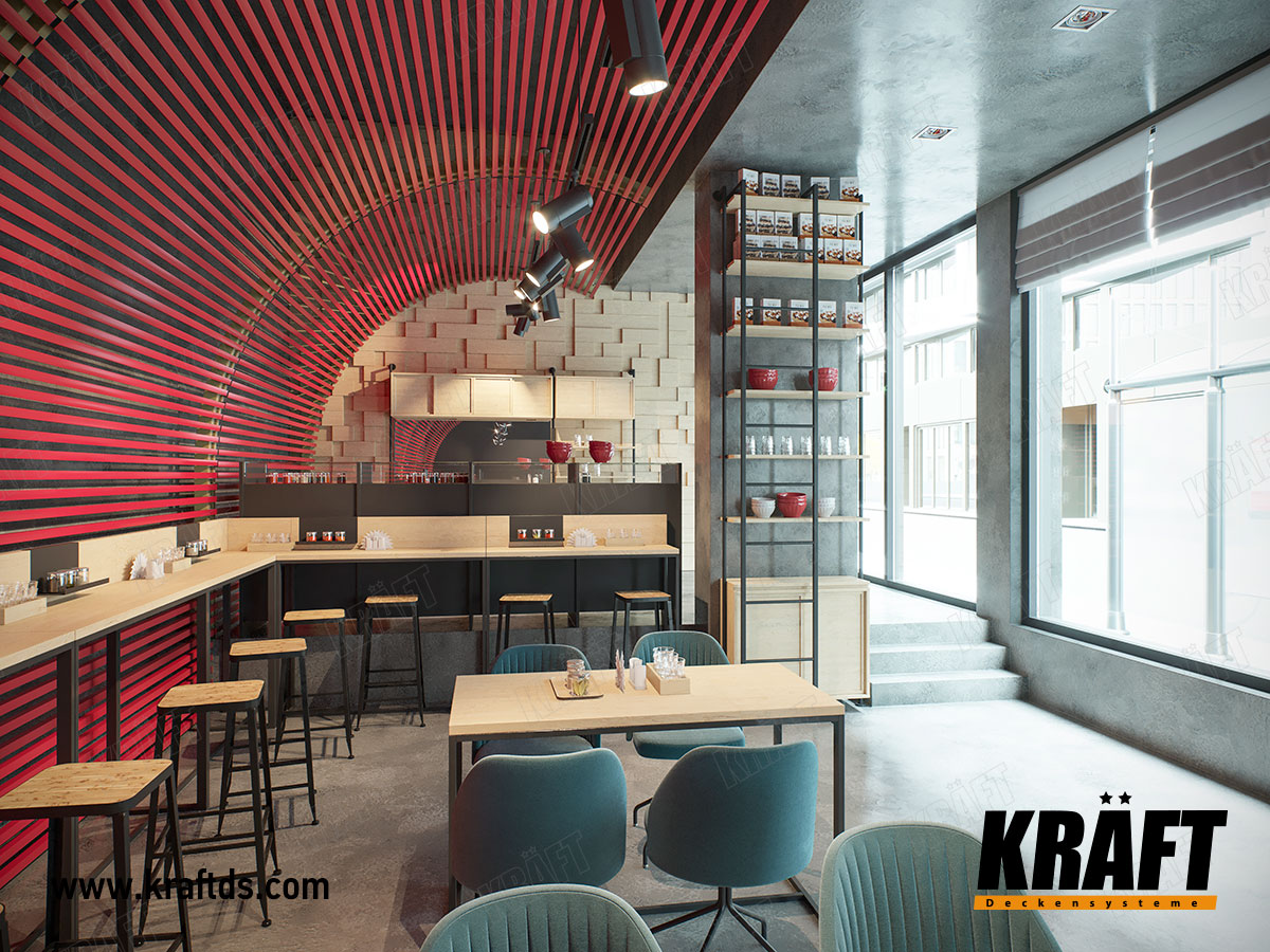 Designerski sufit listwowy KRAFT płynnie przechodzący w dekoracyjną ścianę