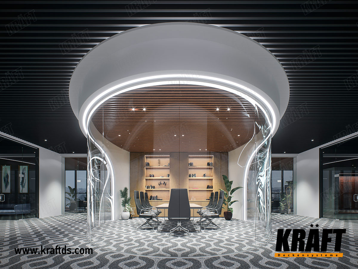 Sufit listwowy KRAFT w sali konferencyjnej biura. Projekt pokoju