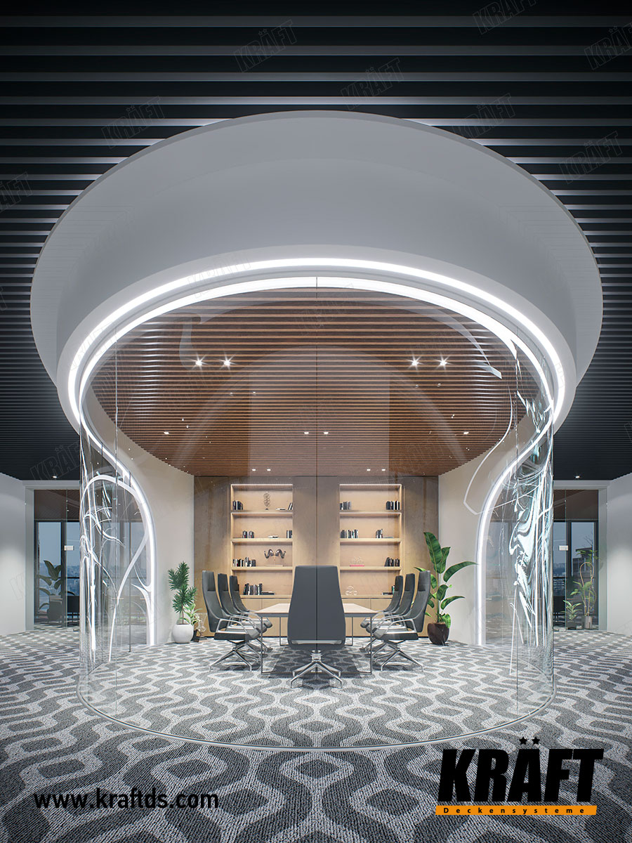 Sufit listwowy KRAFT w sali konferencyjnej biura. Projekt pokoju