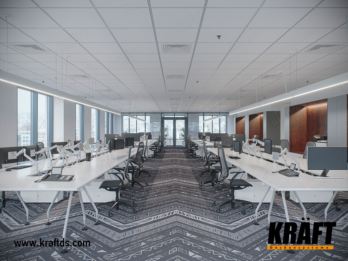 Sufit podwieszany KRAFT Fortis oraz system oświetlenia KRAFT K-Led w biurze