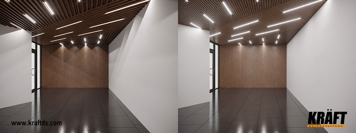 Sufit podwieszany KRAFT z listwy kubicznej i oświetlenia KRAFT Led