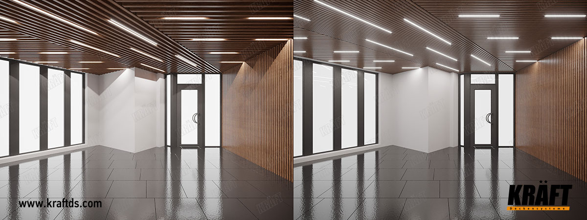 Sufit podwieszany KRAFT z listwy kubicznej i oświetlenia KRAFT Led