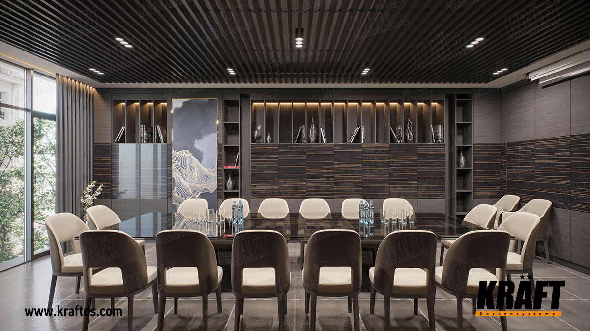 Sufit podwieszany listwowy KRAFT we wnętrzu sali spotkań w biurze