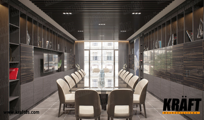 Sufit podwieszany listwowy KRAFT we wnętrzu sali spotkań w biurze