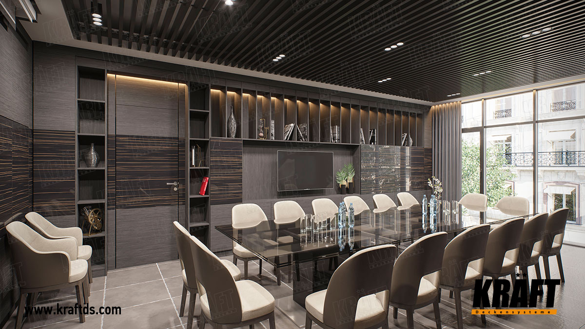 Sufit podwieszany listwowy KRAFT we wnętrzu sali spotkań w biurze