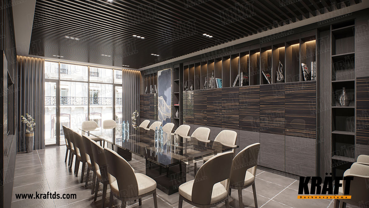 Sufit podwieszany listwowy KRAFT we wnętrzu sali spotkań w biurze