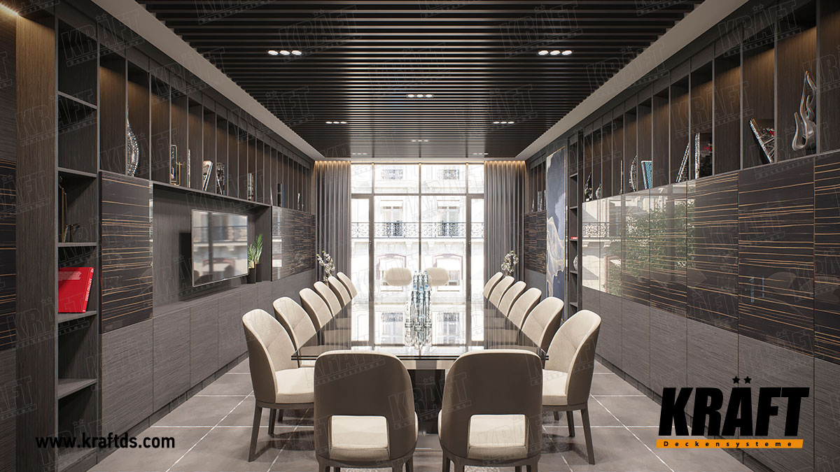 Sufit podwieszany listwowy KRAFT we wnętrzu sali spotkań w biurze