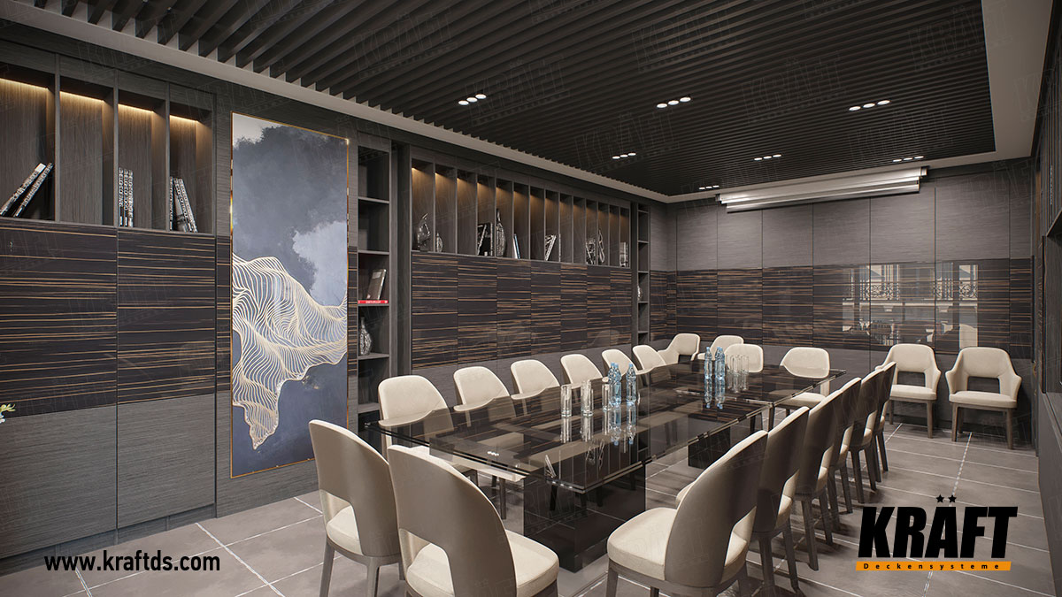 Sufit podwieszany listwowy KRAFT we wnętrzu sali spotkań w biurze