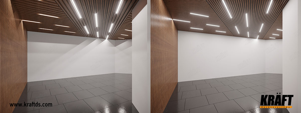 Sufit podwieszany KRAFT z listwy kubicznej i oświetlenia KRAFT Led