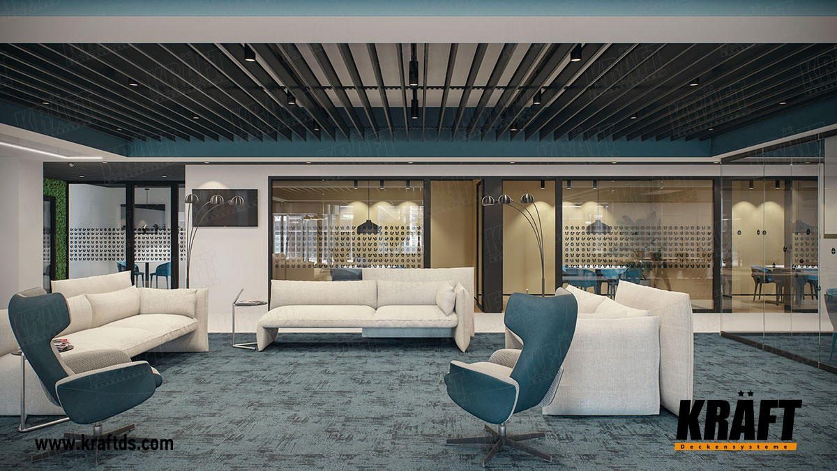 Sufit podwieszany z listwy KRAFT z systemem oświetlenia KRAFT Led we wnętrzu biura