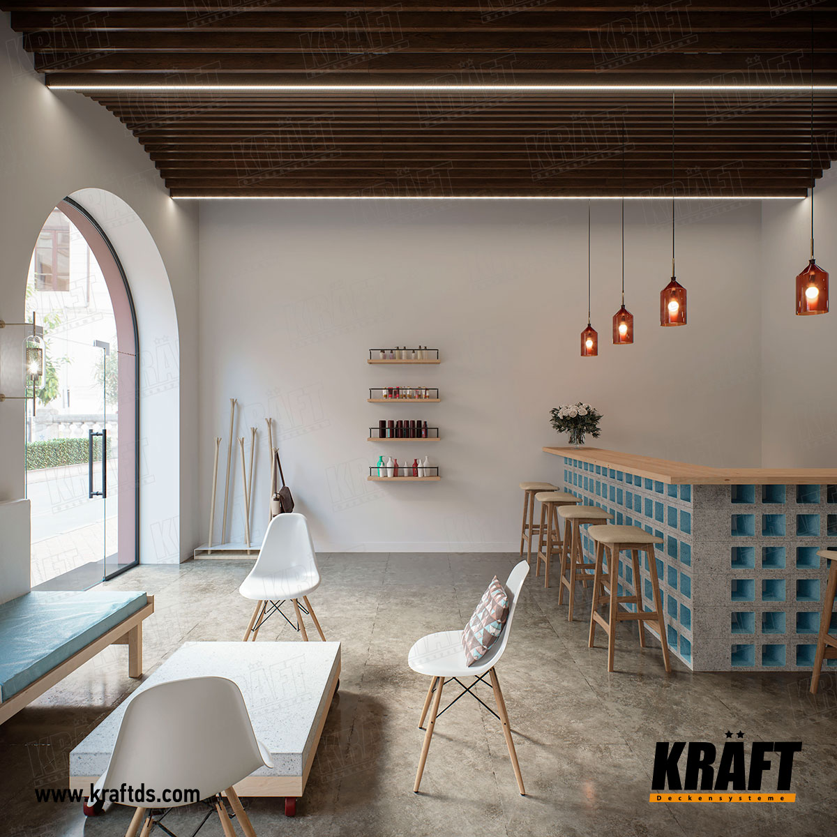 Sufit podwieszany z listwy KRAFT w kształcie kubu we wnętrzu zakładu fryzjerskiego