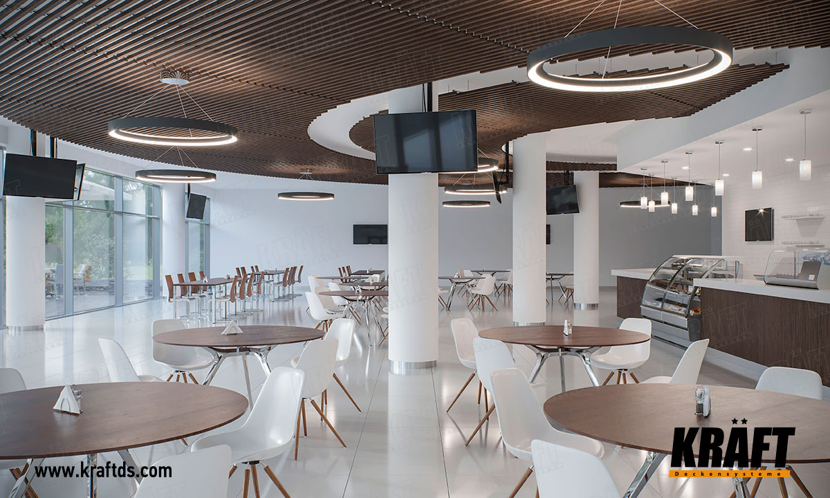 Projekt sufitu podwieszanego CRAFT we wnetrzu kawiarni, restauracji, jadalni