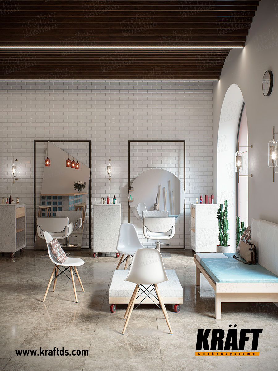 Sufit podwieszany z listwy KRAFT w kształcie kubu we wnętrzu zakładu fryzjerskiego