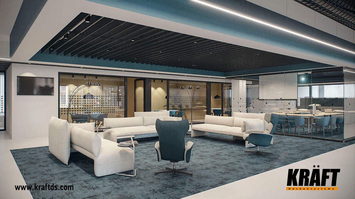 Sufit podwieszany z listwy KRAFT z systemem oświetlenia KRAFT Led we wnętrzu biura