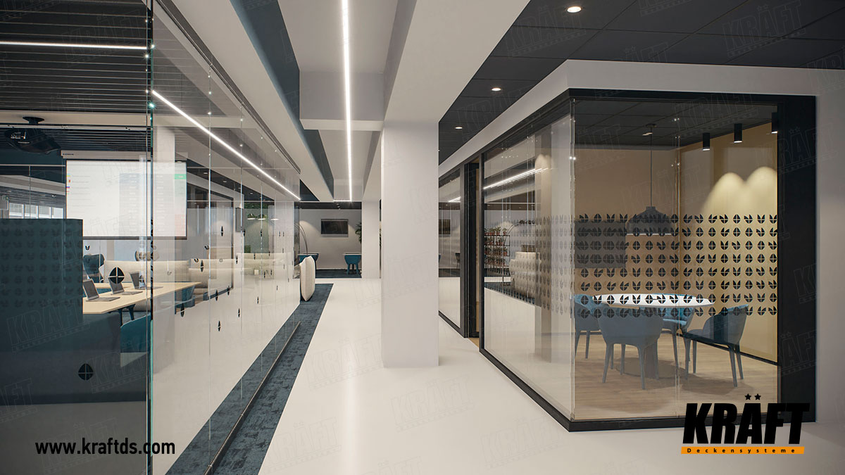 Sufit podwieszany z listwy KRAFT z systemem oświetlenia KRAFT Led we wnętrzu biura
