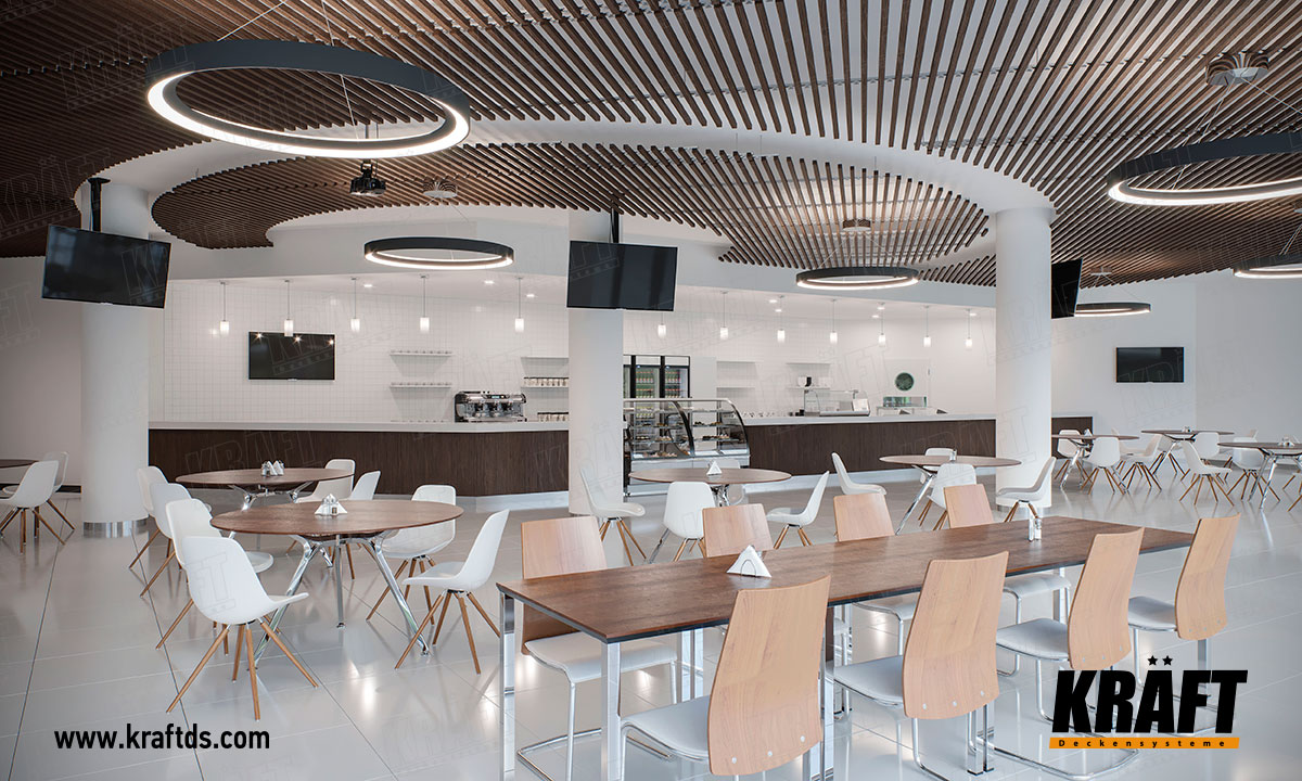 Projekt sufitu podwieszanego CRAFT we wnetrzu kawiarni, restauracji, jadalni