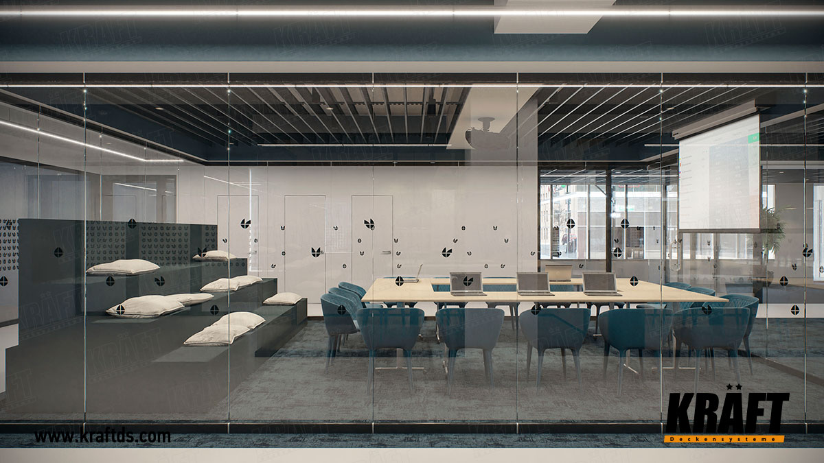 Sufit podwieszany z listwy KRAFT z systemem oświetlenia KRAFT Led we wnętrzu biura