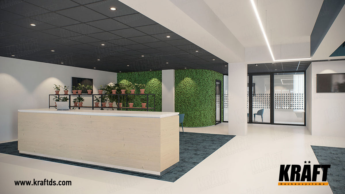 Sufit podwieszany z listwy KRAFT z systemem oświetlenia KRAFT Led we wnętrzu biura