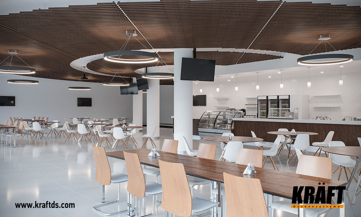 Projekt sufitu podwieszanego CRAFT we wnetrzu kawiarni, restauracji, jadalni