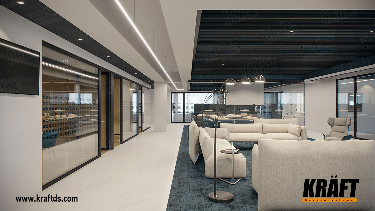 Sufit podwieszany z listwy KRAFT z systemem oświetlenia KRAFT Led we wnętrzu biura
