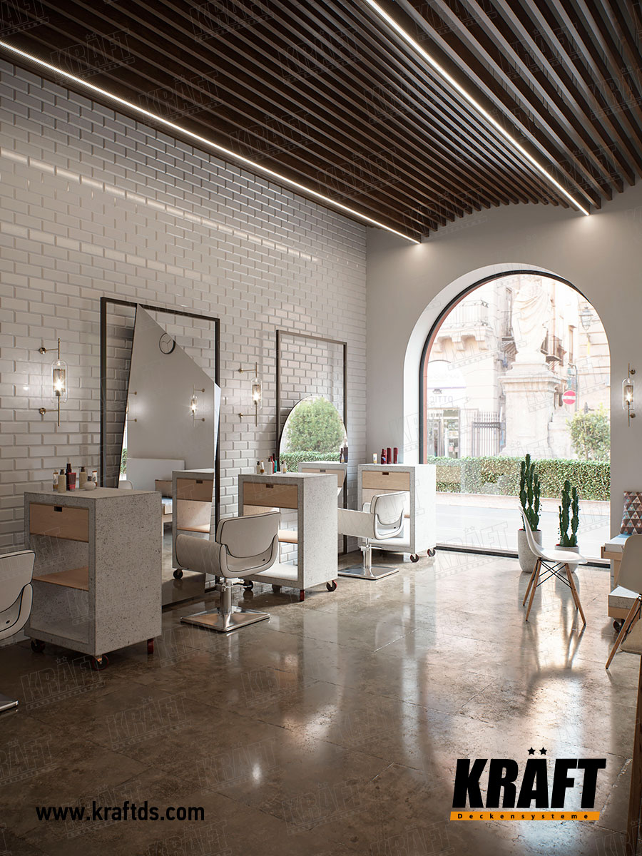 Sufit podwieszany z listwy KRAFT w kształcie kubu we wnętrzu zakładu fryzjerskiego