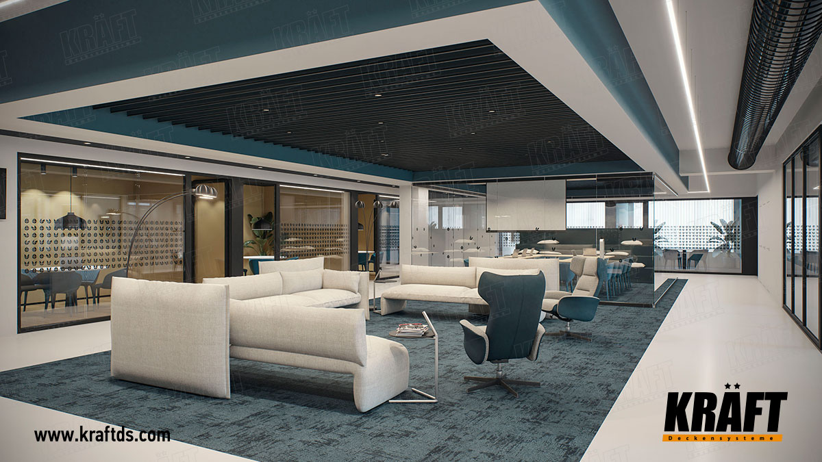 Sufit podwieszany z listwy KRAFT z systemem oświetlenia KRAFT Led we wnętrzu biura