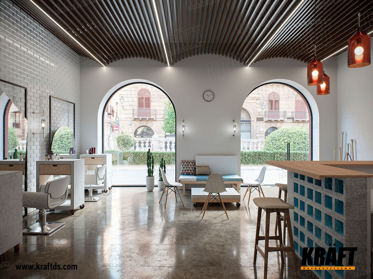 Sufit podwieszany z listwy KRAFT w kształcie kubu we wnętrzu zakładu fryzjerskiego