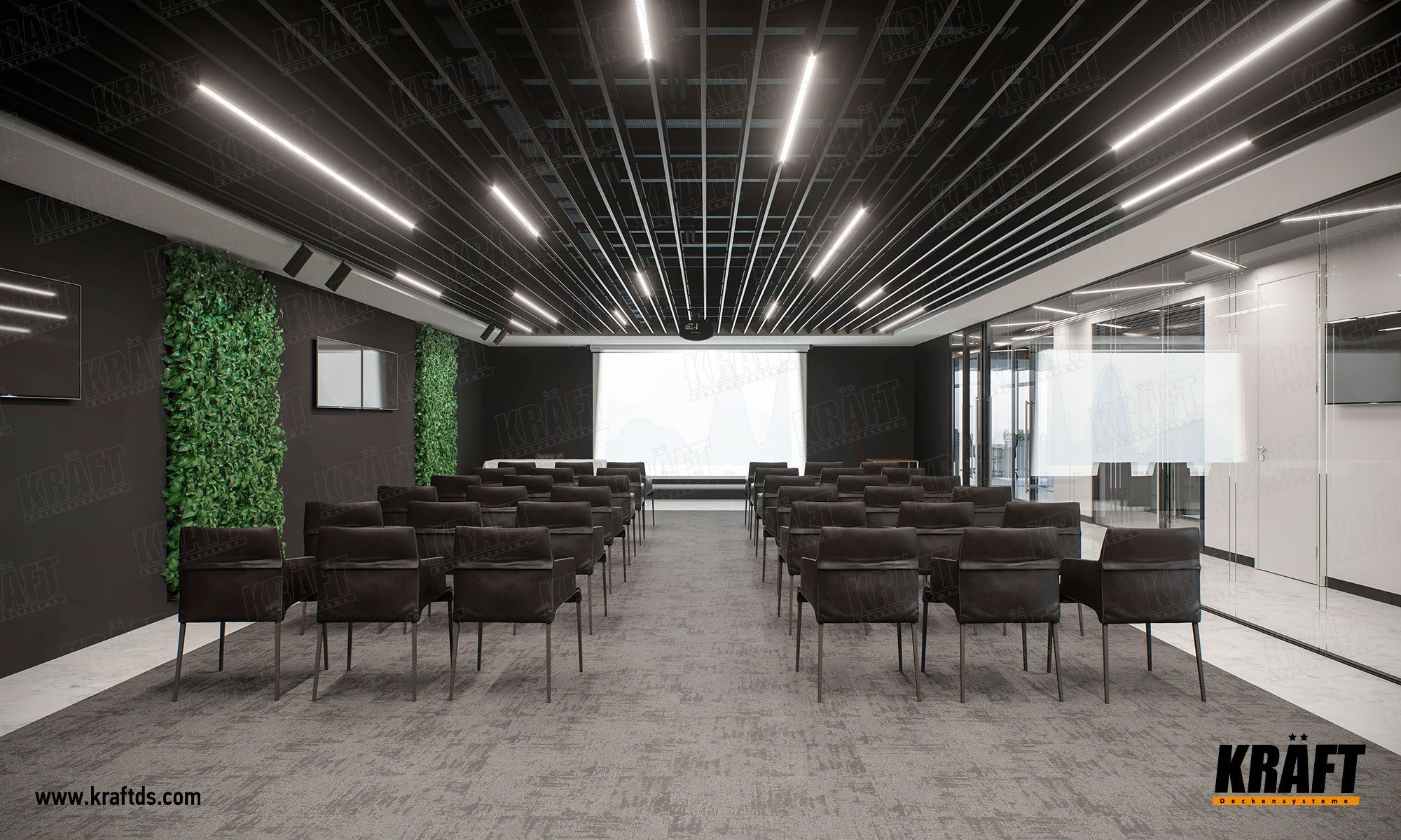 Designerski dekoracyjny sufit podwieszany wykonany z listwy plaskiej KRAFT. Sufit ekranowy z oświetleniem KRAFT Led w biurze.