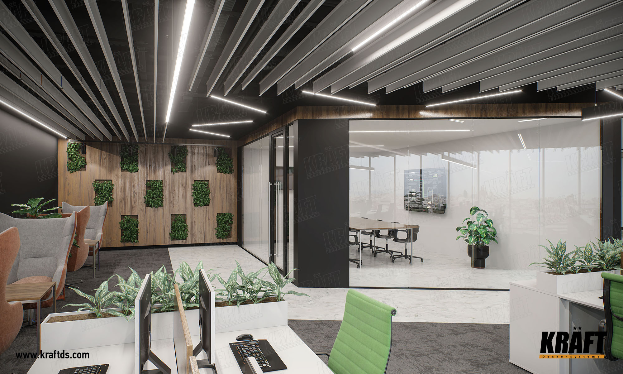 Designerski dekoracyjny sufit podwieszany wykonany z listwy plaskiej KRAFT. Sufit ekranowy z oświetleniem KRAFT Led w biurze.