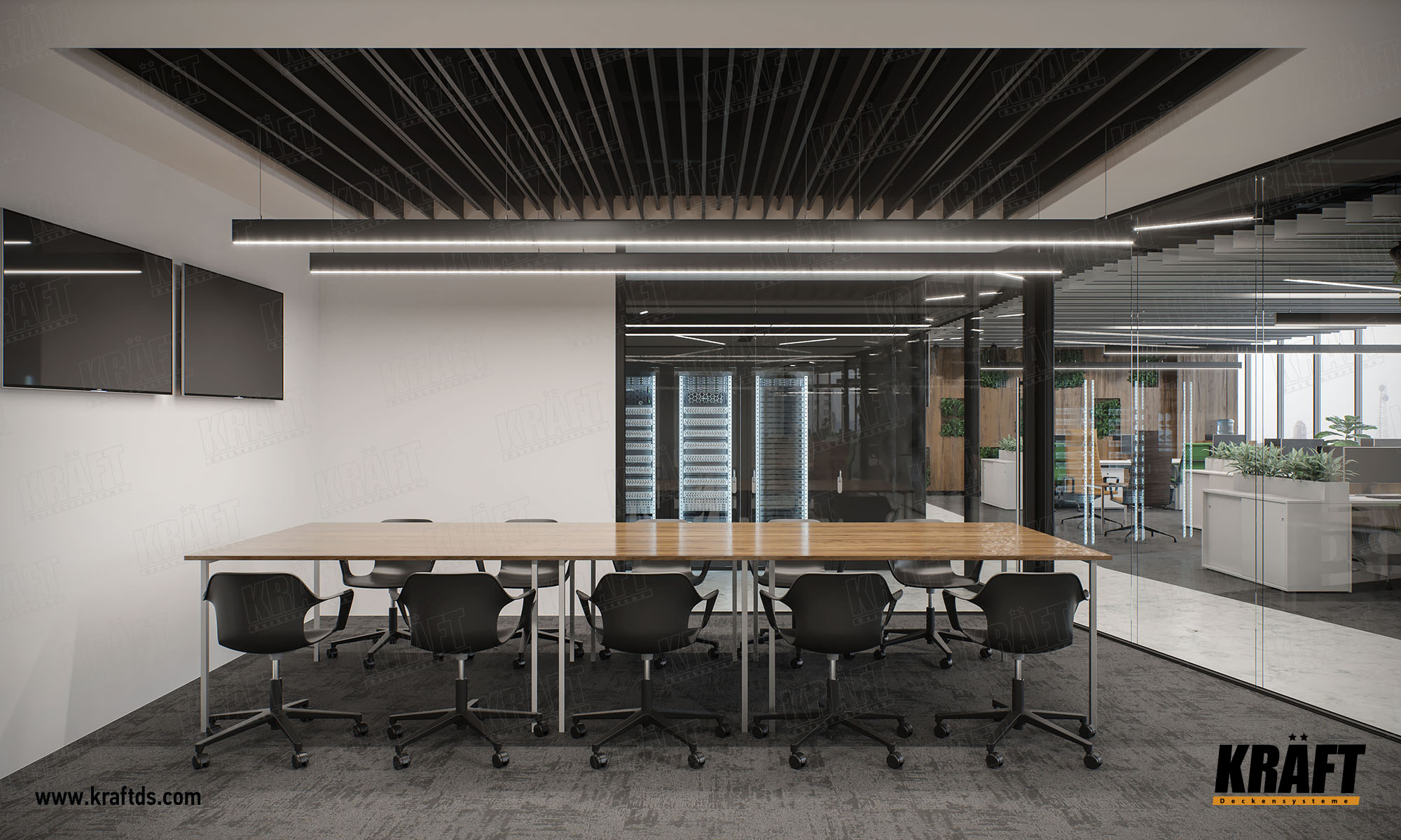 Designerski dekoracyjny sufit podwieszany wykonany z listwy plaskiej KRAFT. Sufit ekranowy z oświetleniem KRAFT Led w biurze.