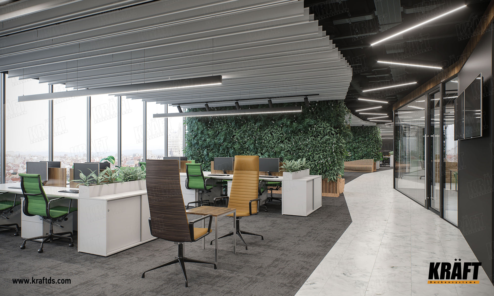 Designerski dekoracyjny sufit podwieszany wykonany z listwy plaskiej KRAFT. Sufit ekranowy z oświetleniem KRAFT Led w biurze.