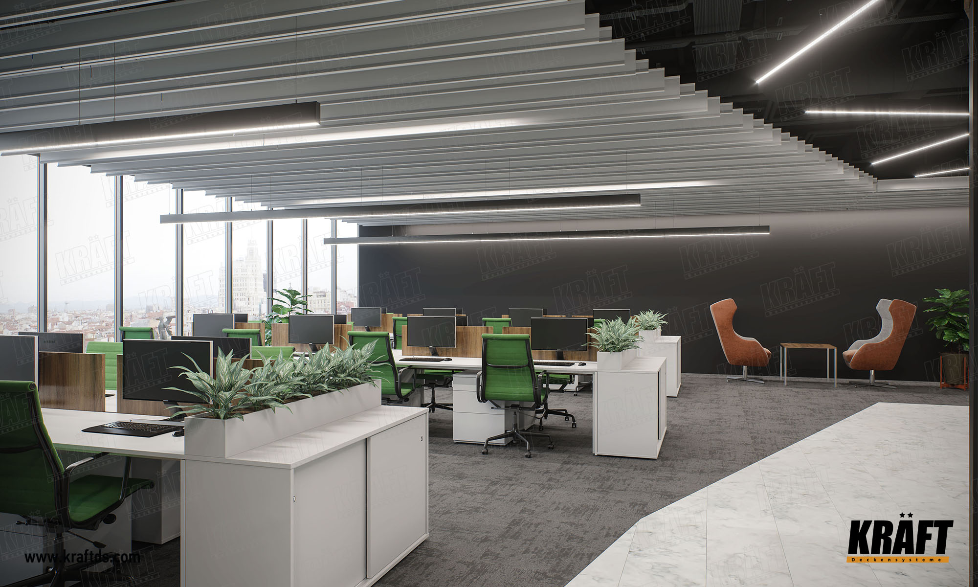 Designerski dekoracyjny sufit podwieszany wykonany z listwy plaskiej KRAFT. Sufit ekranowy z oświetleniem KRAFT Led w biurze.