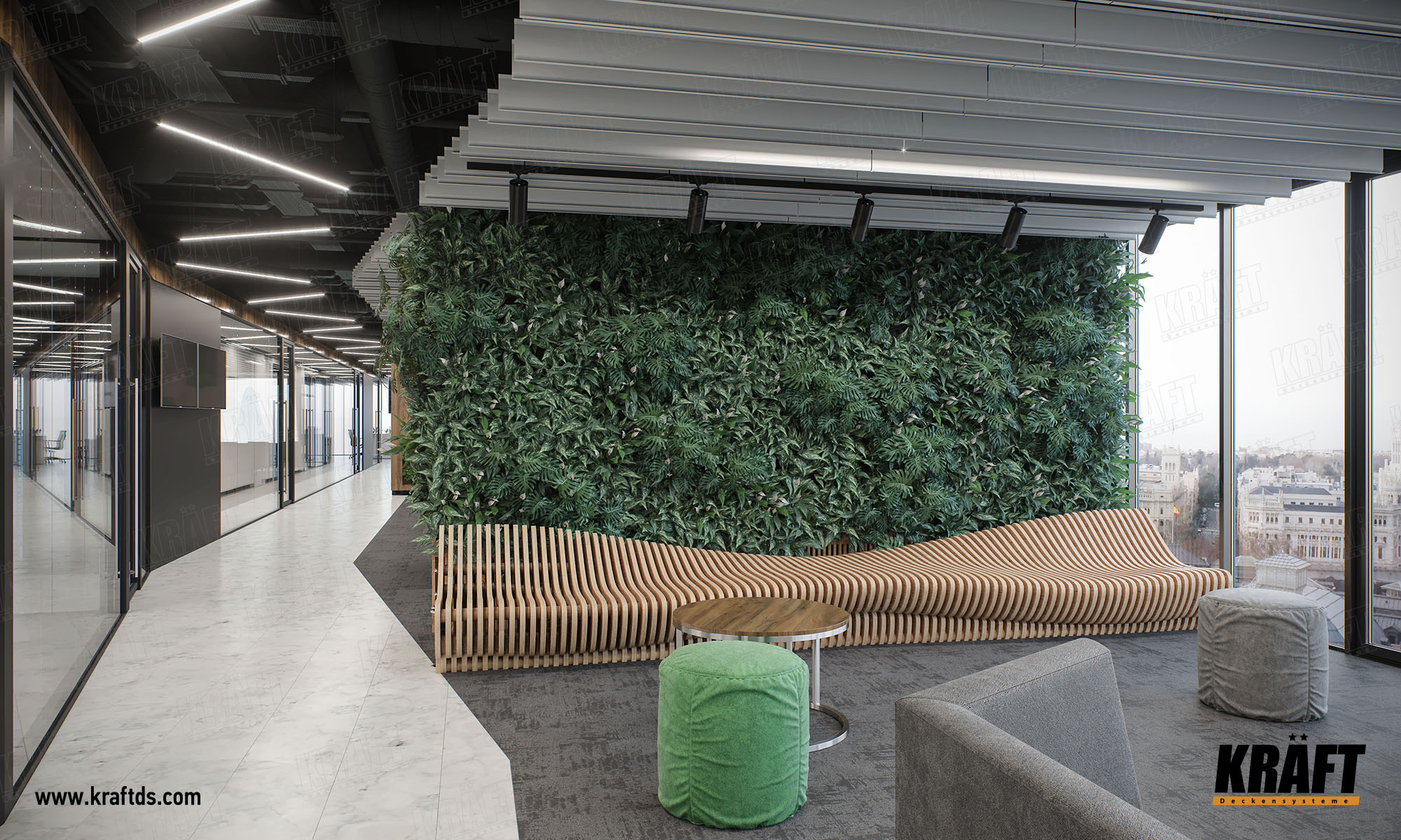 Designerski dekoracyjny sufit podwieszany wykonany z listwy plaskiej KRAFT. Sufit ekranowy z oświetleniem KRAFT Led w biurze.