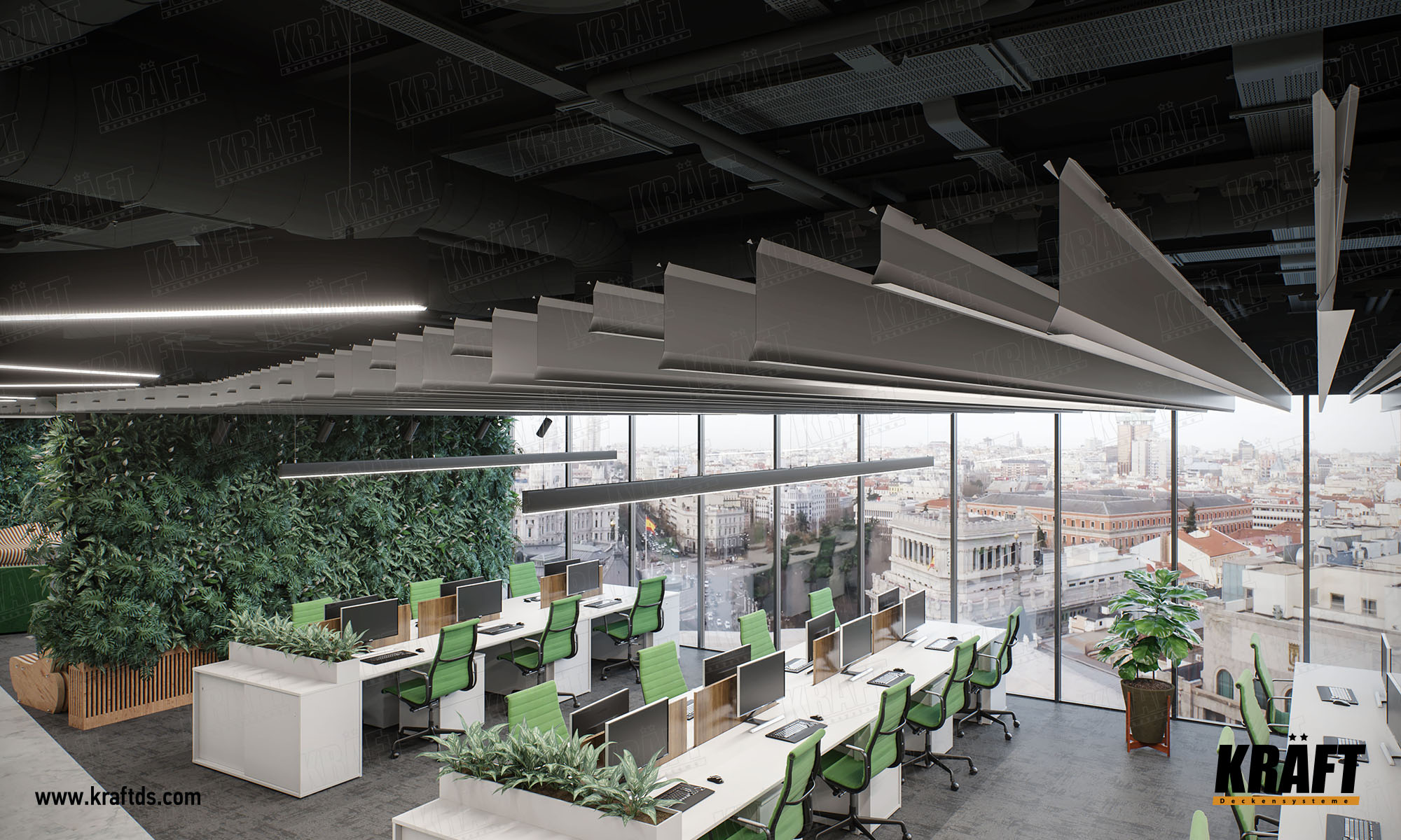 Designerski dekoracyjny sufit podwieszany wykonany z listwy plaskiej KRAFT. Sufit ekranowy z oświetleniem KRAFT Led w biurze.