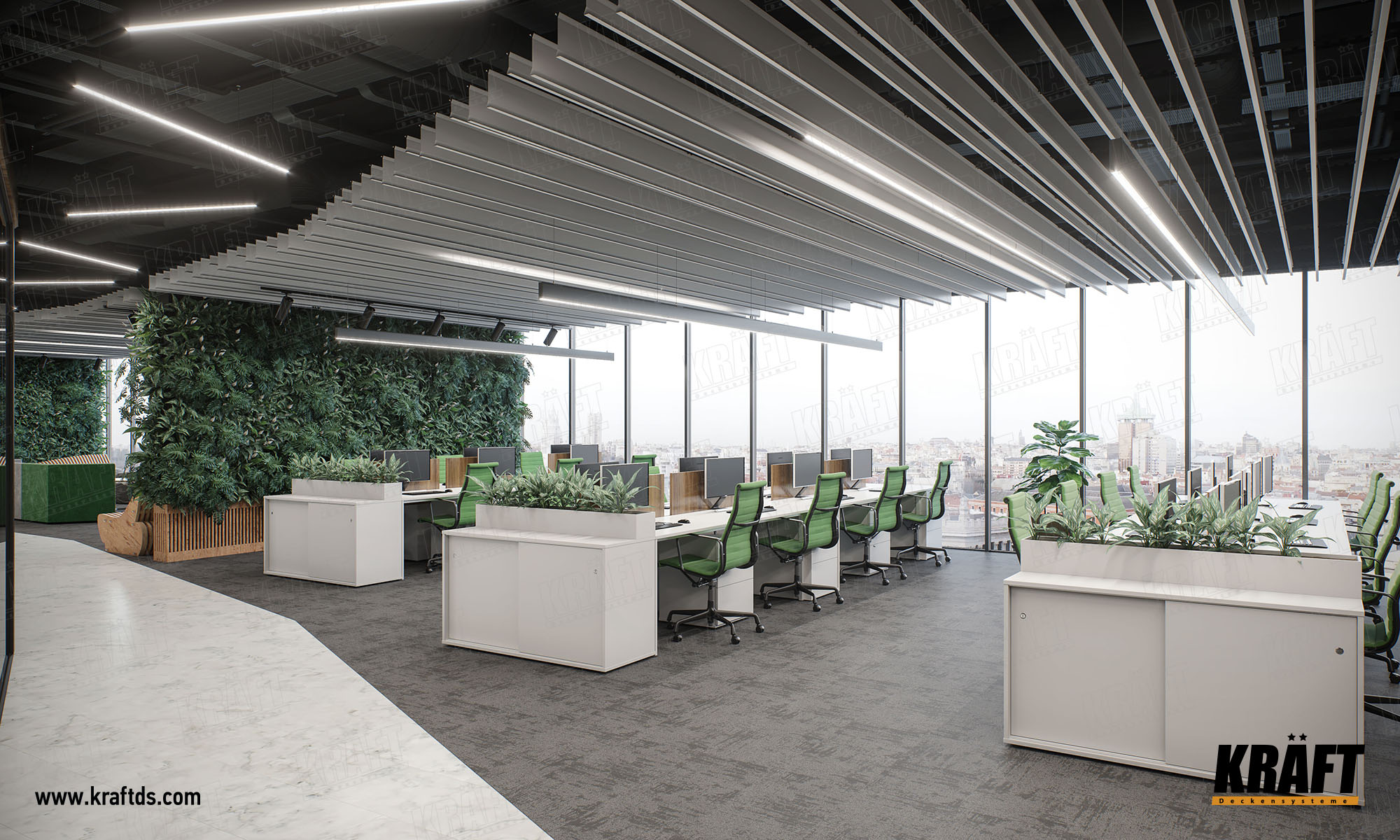 Designerski dekoracyjny sufit podwieszany wykonany z listwy plaskiej KRAFT. Sufit ekranowy z oświetleniem KRAFT Led w biurze.