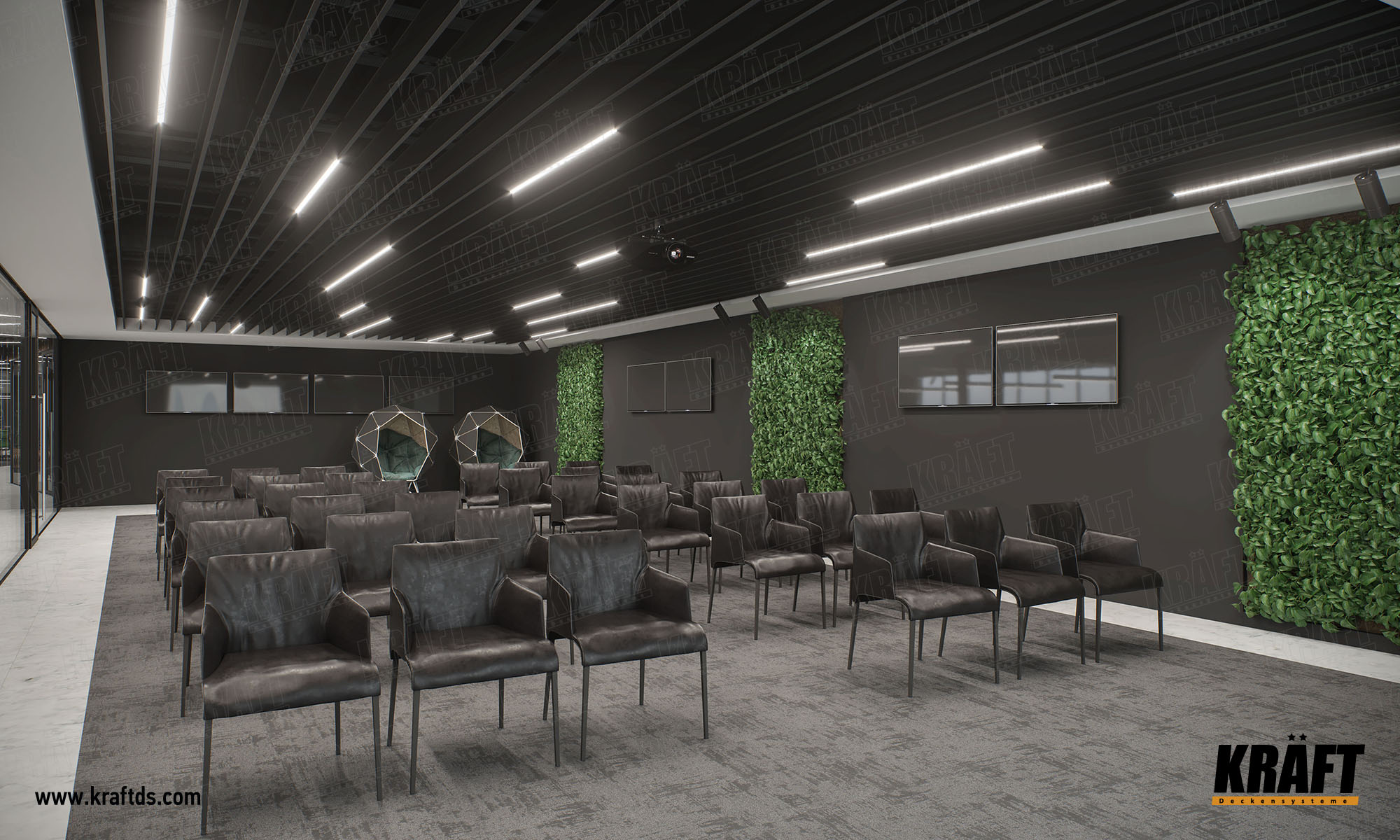 Designerski dekoracyjny sufit podwieszany wykonany z listwy plaskiej KRAFT. Sufit ekranowy z oświetleniem KRAFT Led w biurze.