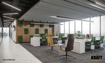 Designerski dekoracyjny sufit podwieszany wykonany z listwy plaskiej KRAFT.  Sufit ekranowy z oświetleniem KRAFT Led w biurze.