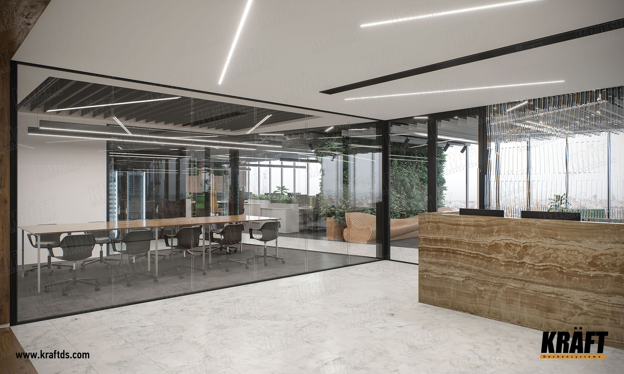 Designerski dekoracyjny sufit podwieszany wykonany z listwy plaskiej KRAFT. Sufit ekranowy z oświetleniem KRAFT Led w biurze.