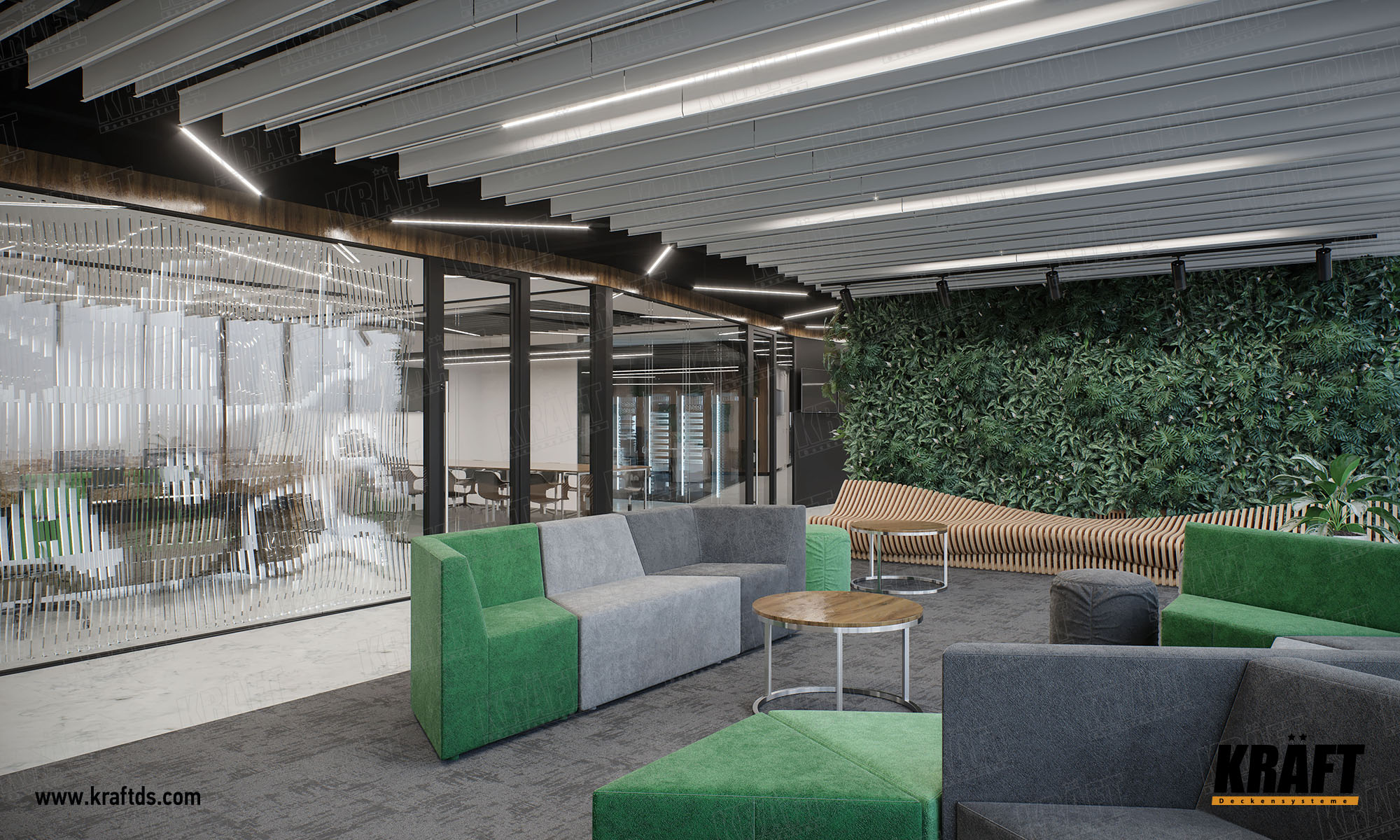 Designerski dekoracyjny sufit podwieszany wykonany z listwy plaskiej KRAFT. Sufit ekranowy z oświetleniem KRAFT Led w biurze.