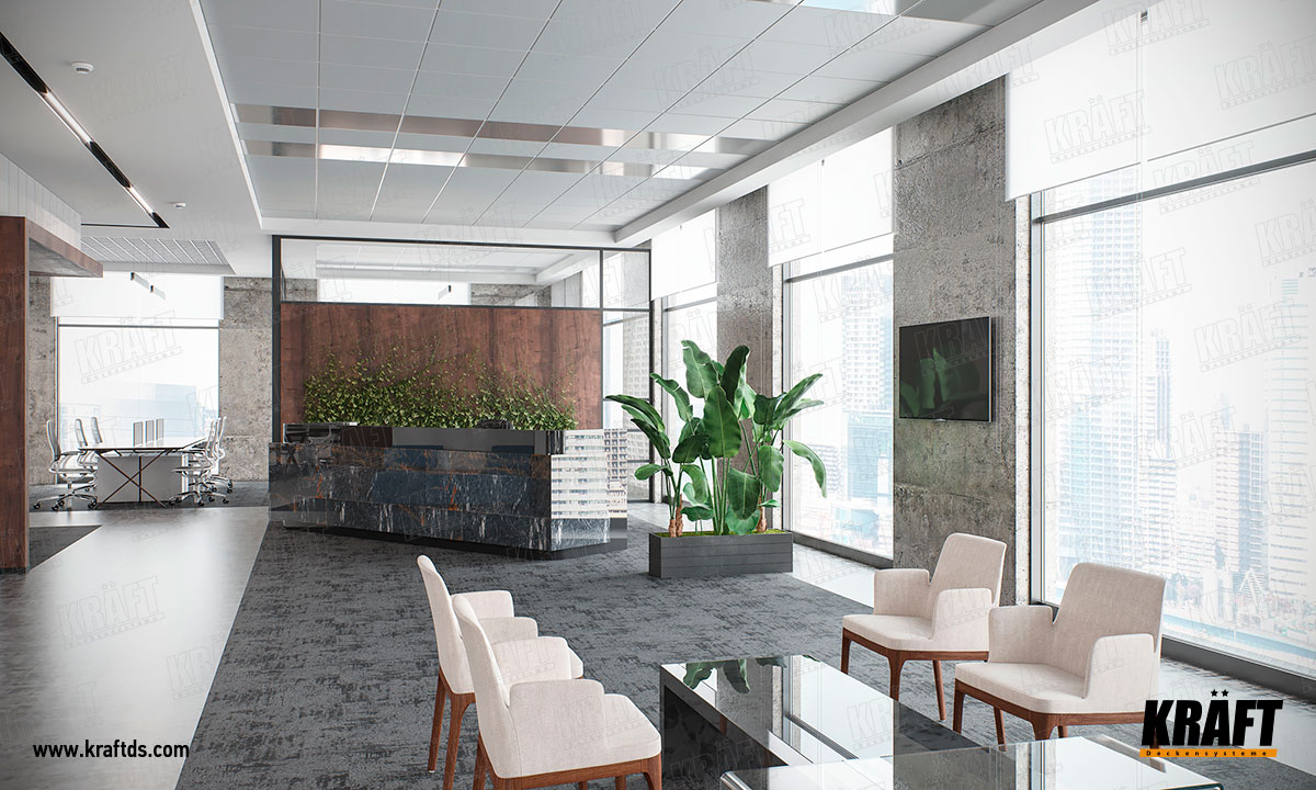 Designerski dekoracyjny sufit podwieszany wykonany z listwy plaskiej KRAFT. Sufit ekranowy z oświetleniem KRAFT Led w biurze.