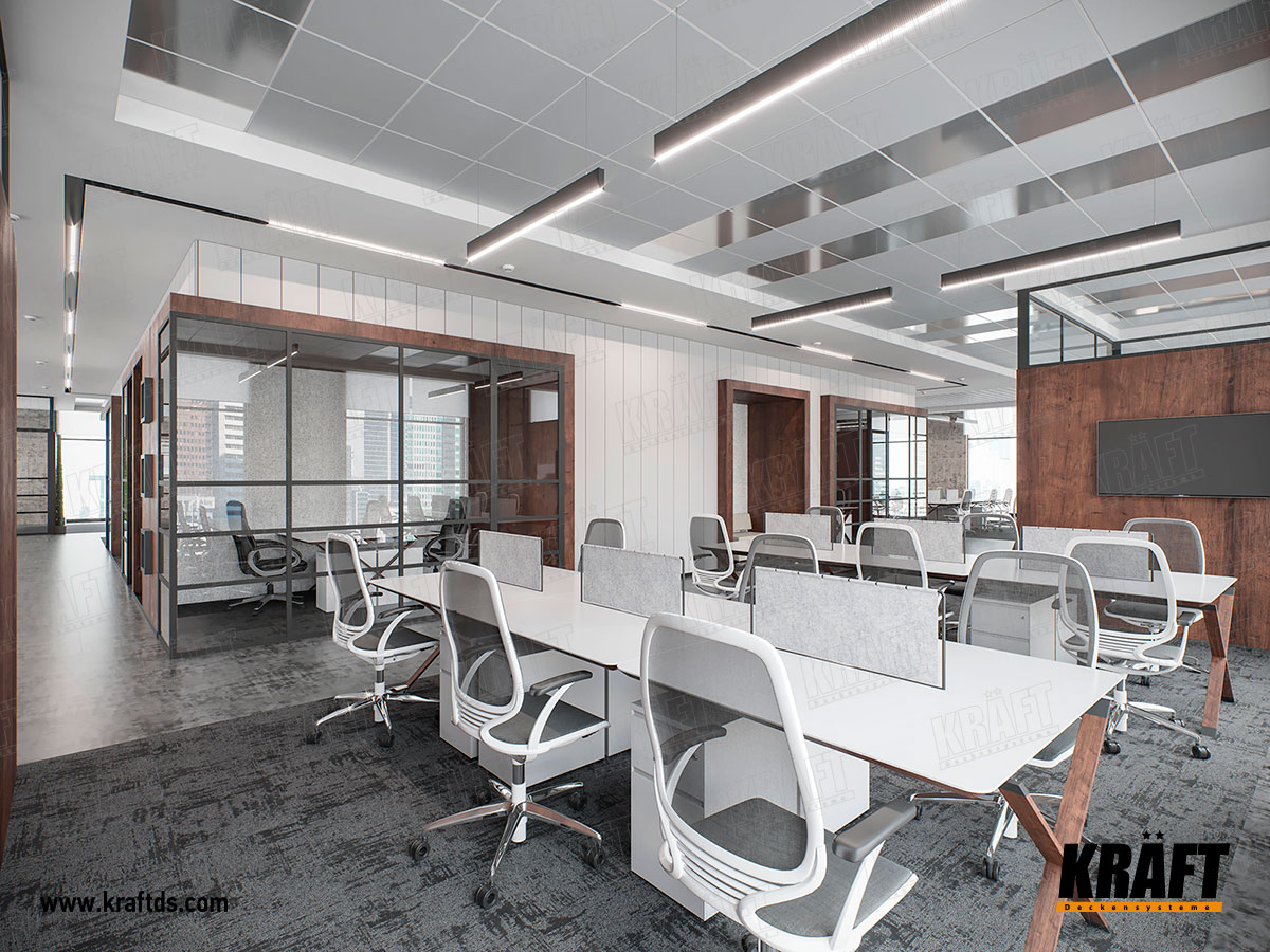 Sufit podwieszany w biurze z płytami metalowymi na bazie T-profila KRAFT Fortis