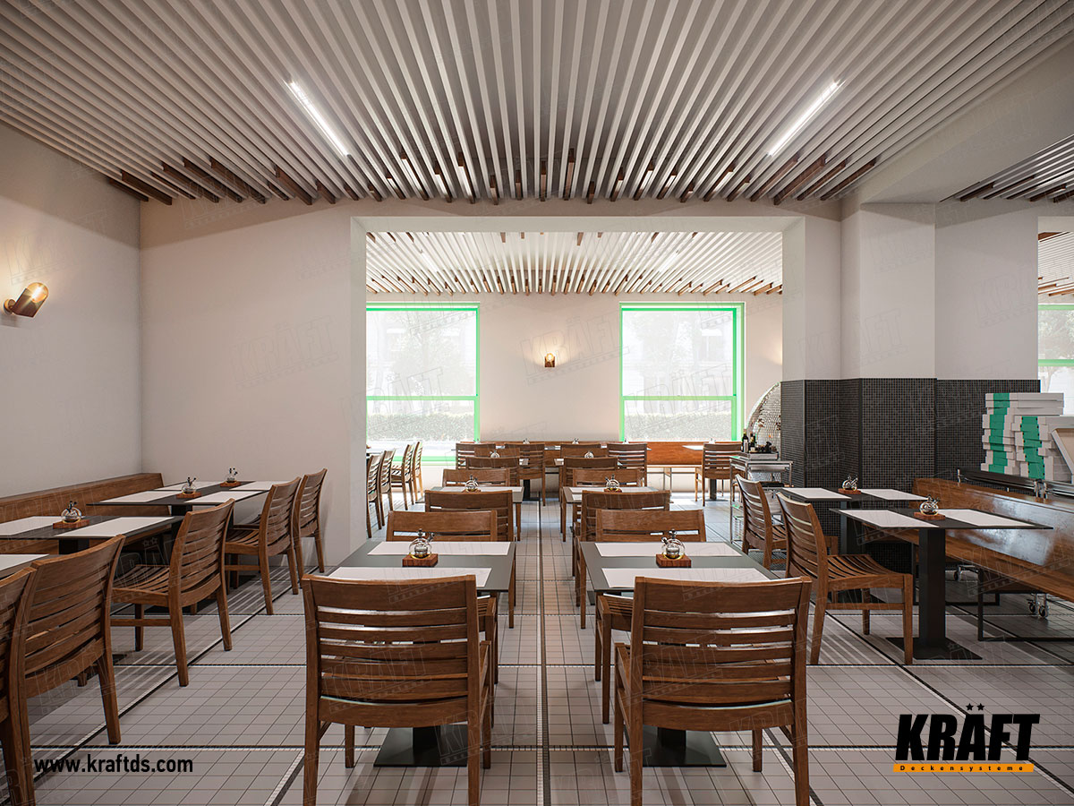 Sufit podwieszany z listwą kubiczną KRAFT z oświetleniem KRAFT Led we wnętrzu kawiarni, restauracji, baru